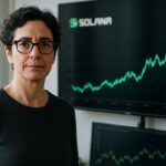 Vrouw kijkt naar een scherm met stijgende Solana-netwerkactiviteit en het Solana-logo