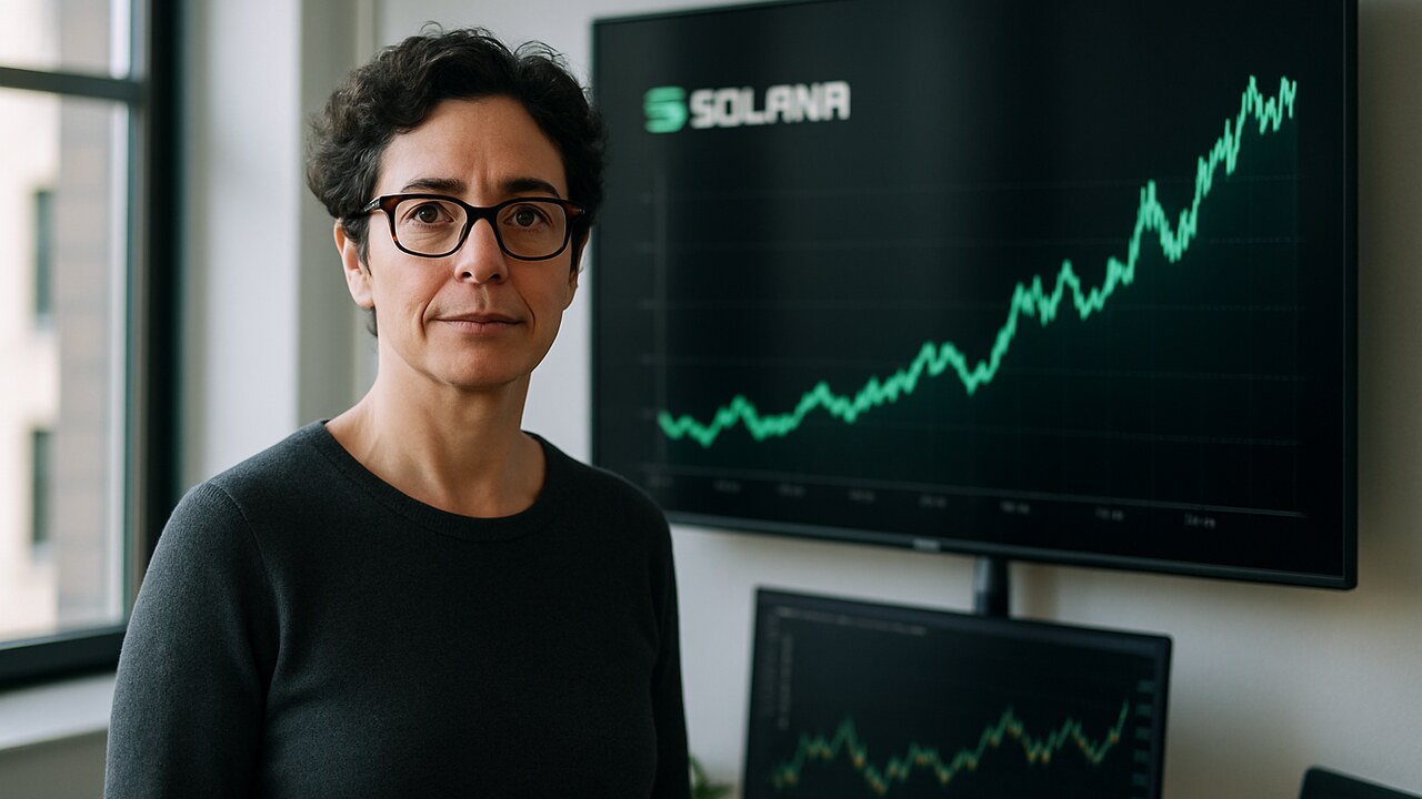 Vrouw kijkt naar een scherm met stijgende Solana-netwerkactiviteit en het Solana-logo