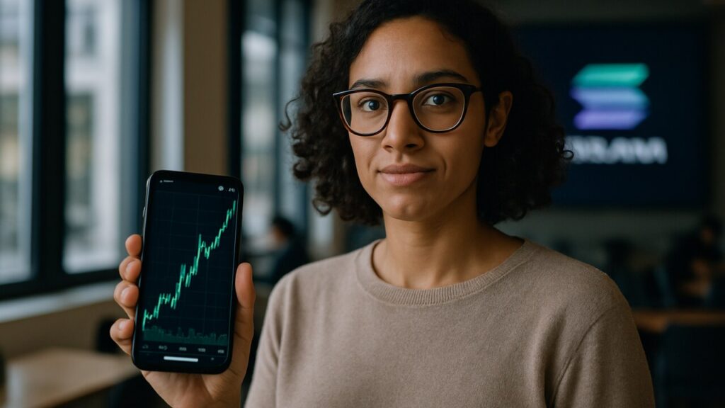 Vrouw met smartphone in een moderne werkruimte met het Solana-logo op een scherm op de achtergrond.