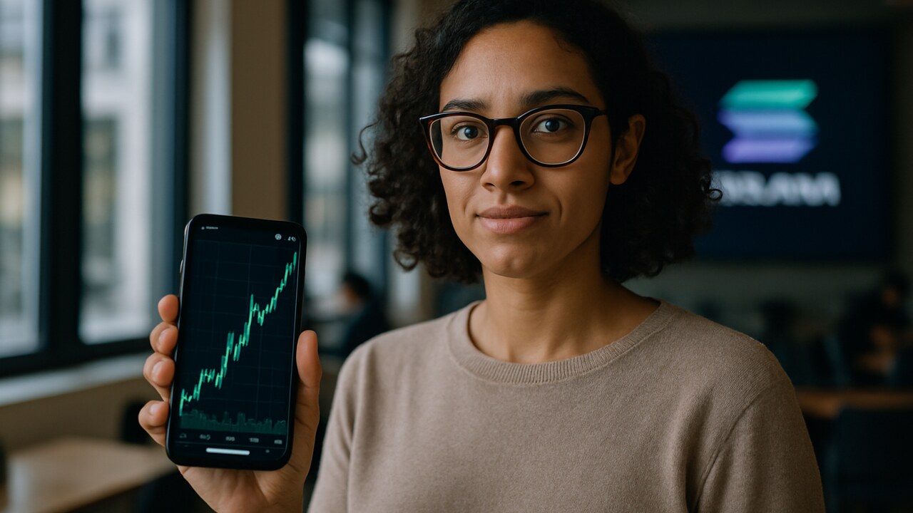 Vrouw met smartphone in een moderne werkruimte met het Solana-logo op een scherm op de achtergrond.