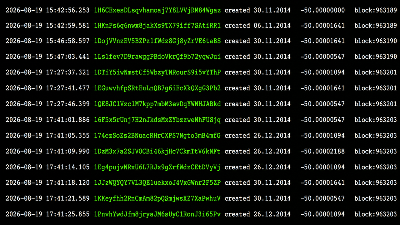 Overzicht van wallets uit 2014 die elk 50 BTC verzonden.