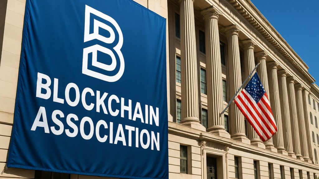 Banner met het logo van de Blockchain Association voor een overheidsgebouw in Washington