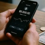 Handen met een smartphone die een stablecoin-saldo tonen, naast een euromunt en dollarbiljet op een tafel