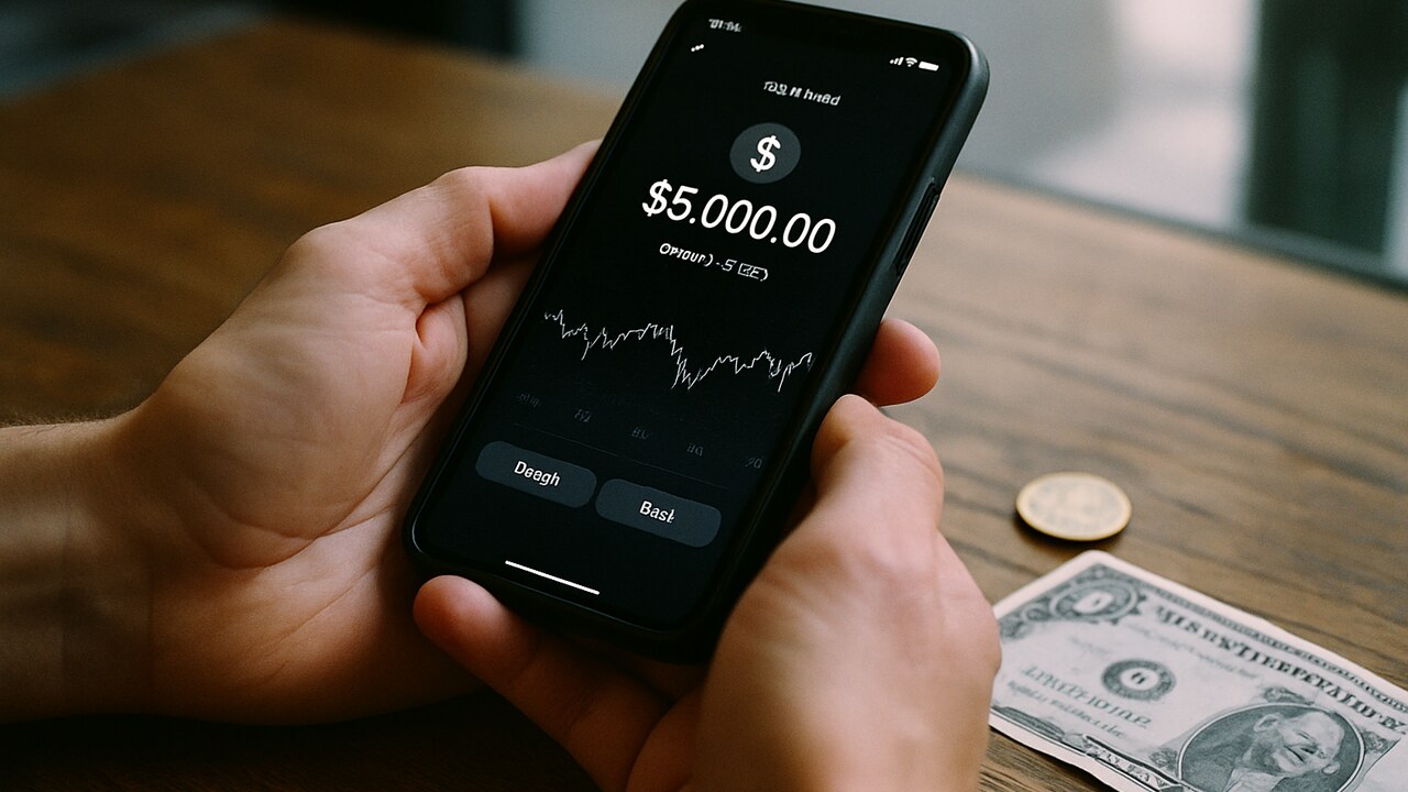Handen met een smartphone die een stablecoin-saldo tonen, naast een euromunt en dollarbiljet op een tafel