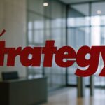 Het logo van Strategy op een glazen kantoormuur in een moderne bedrijfslobby