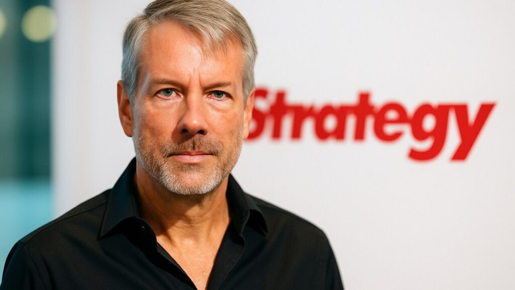 Michael Saylor van Strategy voor een banner met het bedrijfslogo tijdens een persmoment