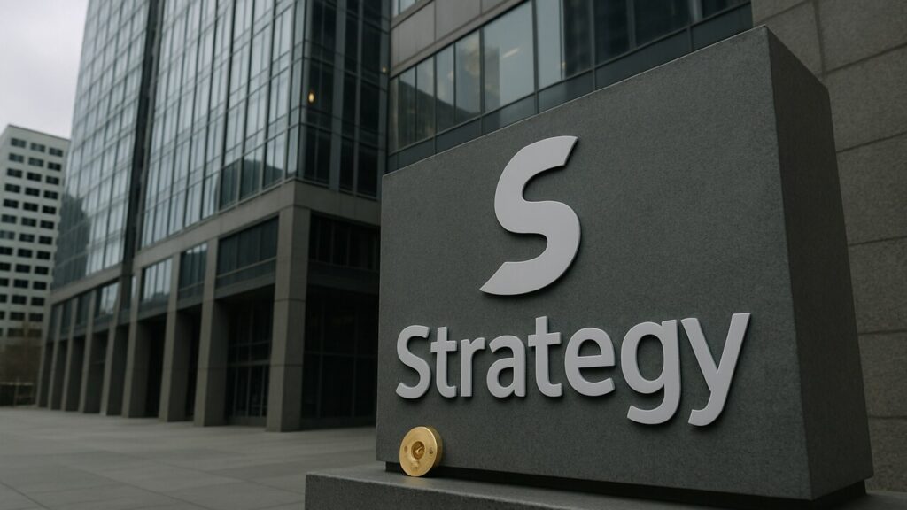 Kantoorgebouw met het logo van Strategy, met een kleine Bitcoin-munt bij de ingang