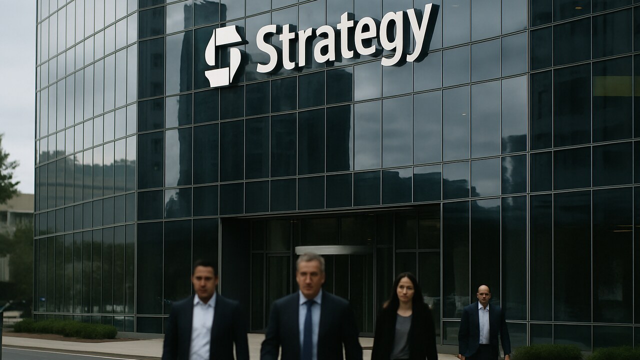 Modern glazen hoofdkantoor met het logo van Strategy op de gevel onder een bewolkte hemel