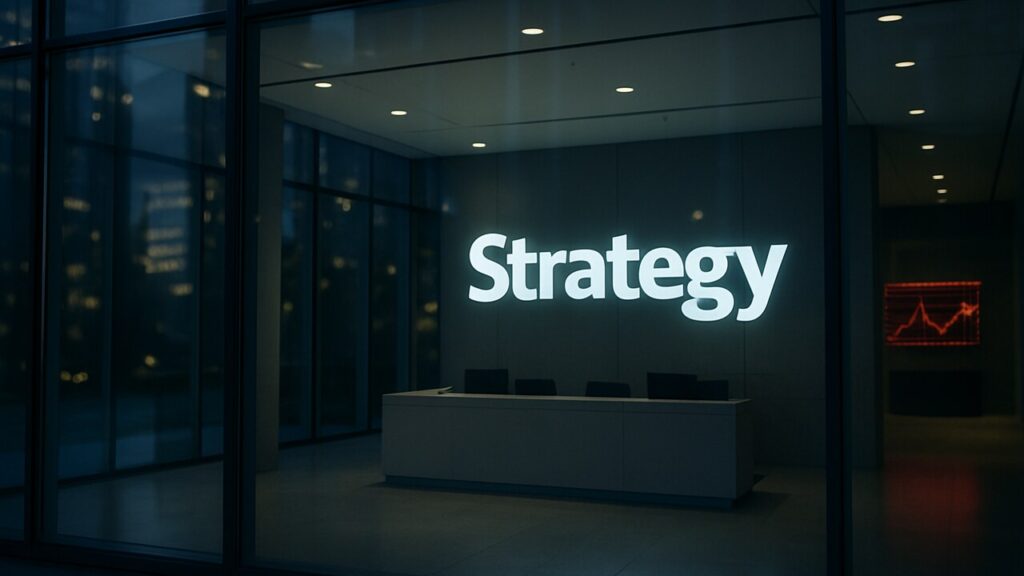 Zakelijke lobby met het Strategy-logo op de muur en een rood oplichtend beursscherm bij de receptie.