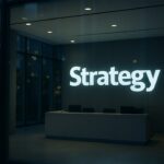 Zakelijke lobby met het Strategy-logo op de muur en een rood oplichtend beursscherm bij de receptie.