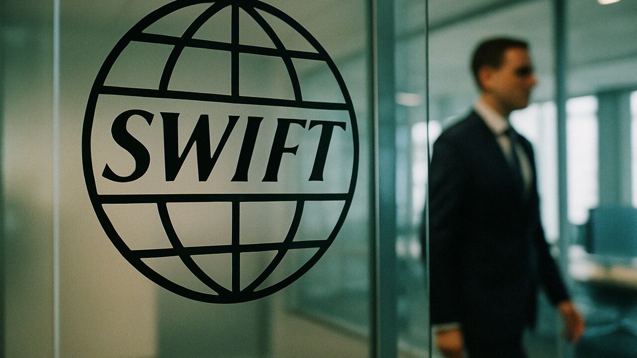 Het SWIFT-logo op een glazen wand in een modern bankkantoor met een medewerker op de achtergrond