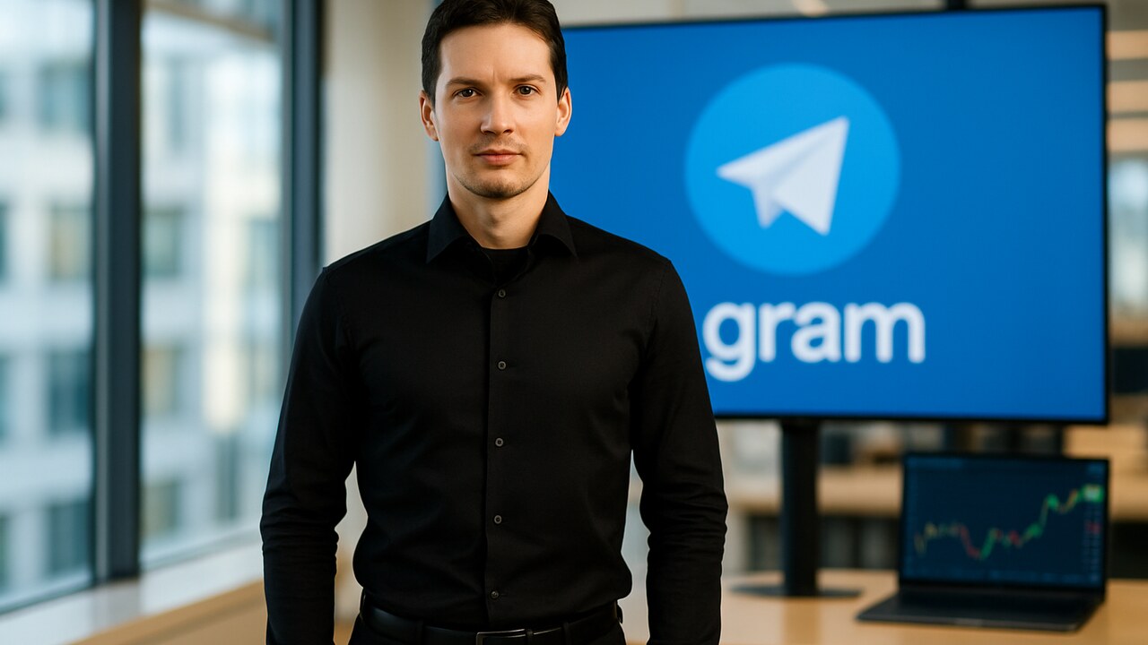 Pavel Durov voor een scherm met het Telegram-logo en de tekst .gram