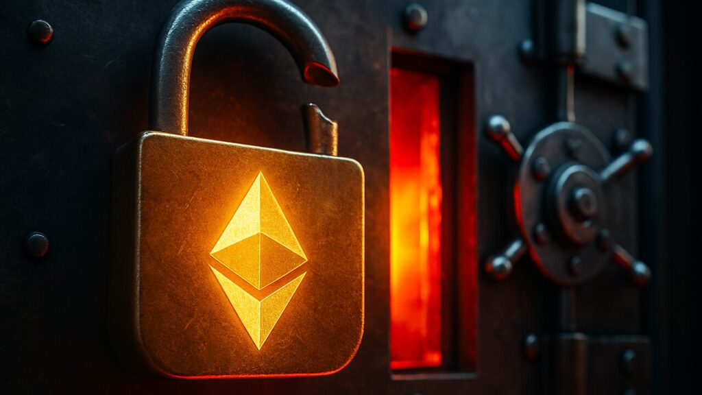Opengebroken kluisdeur met een gebroken slot en het Ethereum-logo op het staal, symbool voor de DeFi-hack bij Term Labs