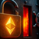 Opengebroken kluisdeur met een gebroken slot en het Ethereum-logo op het staal, symbool voor de DeFi-hack bij Term Labs