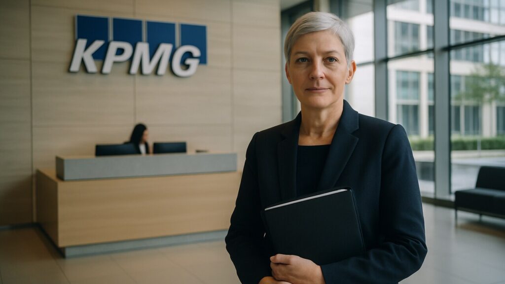 Vrouwelijke accountant in een kantoorlobby met het KPMG-logo op de muur, verwijzend naar de audit van Tether