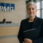 Vrouwelijke accountant in een kantoorlobby met het KPMG-logo op de muur, verwijzend naar de audit van Tether