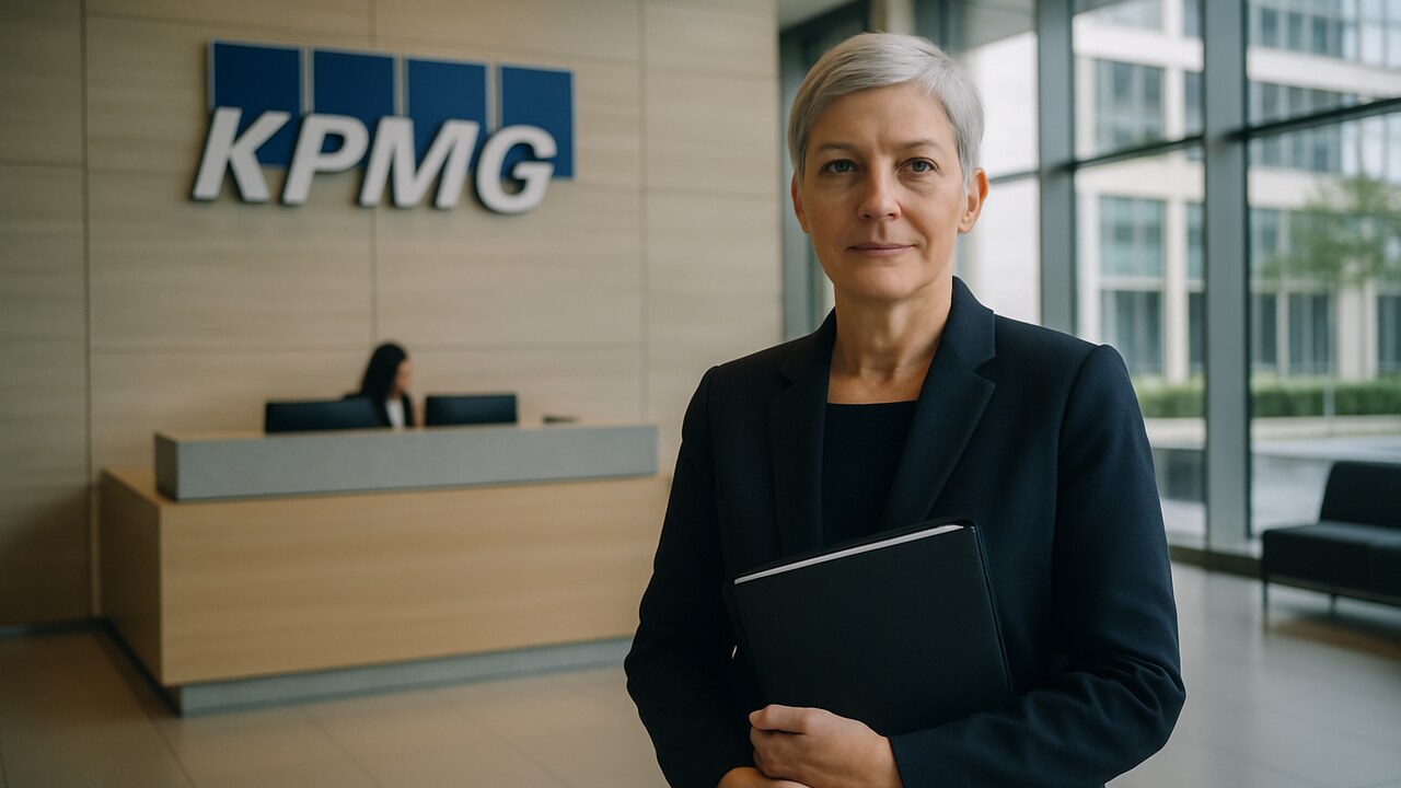 Vrouwelijke accountant in een kantoorlobby met het KPMG-logo op de muur, verwijzend naar de audit van Tether