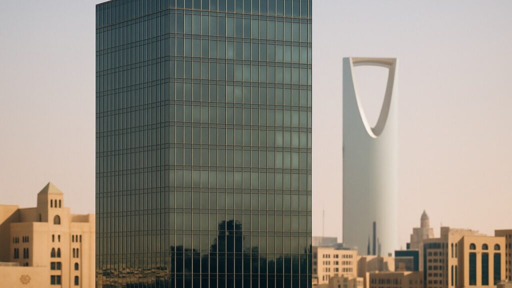 Moderne glazen kantoortoren in Riyad, Saoedi-Arabië, symbool voor institutioneel vastgoed dat getokeniseerd wordt