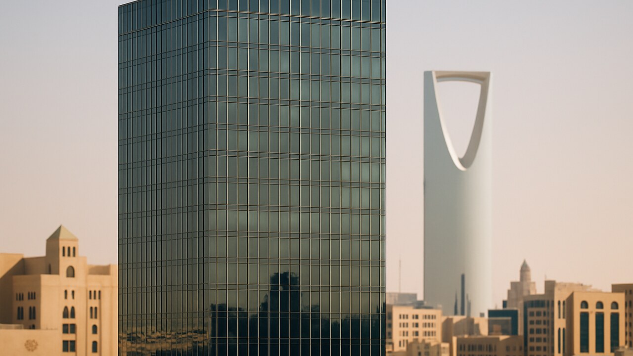 Moderne glazen kantoortoren in Riyad, Saoedi-Arabië, symbool voor institutioneel vastgoed dat getokeniseerd wordt