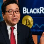 Tom Lee spreekt in een studio met het BlackRock-logo groot op een scherm achter hem
