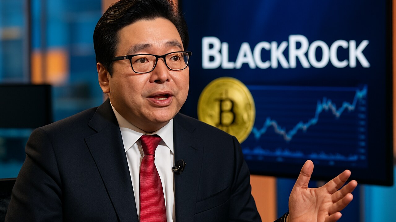 Tom Lee spreekt in een studio met het BlackRock-logo groot op een scherm achter hem