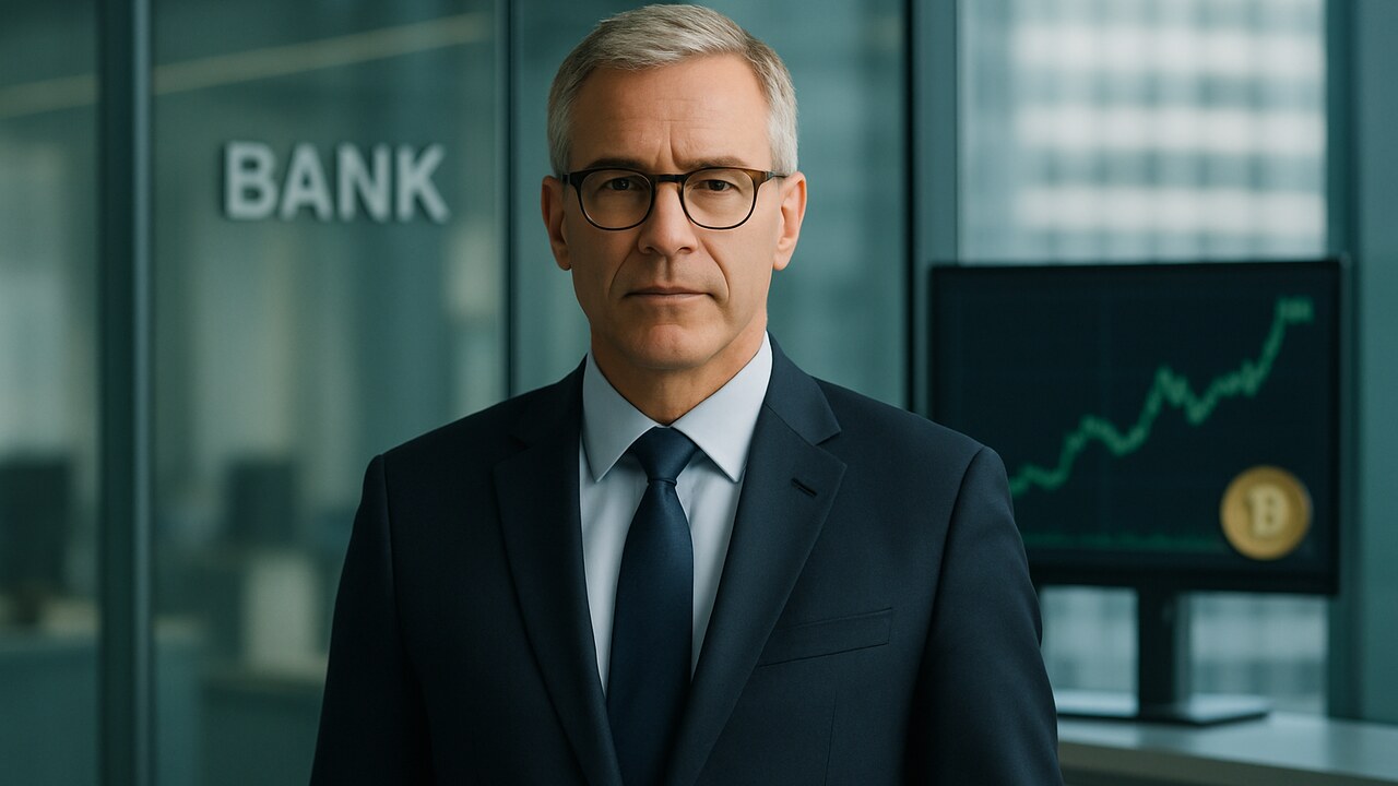 Bankier in pak in een modern kantoor met op de achtergrond een scherm met een stijgende cryptografiek