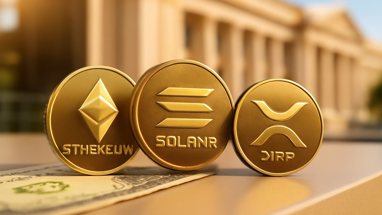 Fysieke crypto-munten van Ethereum, Solana en XRP op een bankbalie naast een dollarbiljet, met op de achtergrond een overheidsgebouw