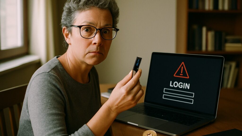 Vrouw met een hardware wallet in de hand kijkt waakzaam naar een laptop met een verdachte inlogpagina