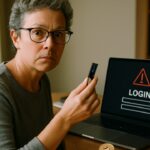 Vrouw met een hardware wallet in de hand kijkt waakzaam naar een laptop met een verdachte inlogpagina