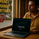 Wisselkantoortje in een drukke straat met een laptop met USDT-saldo en een Tron-logo op het raam