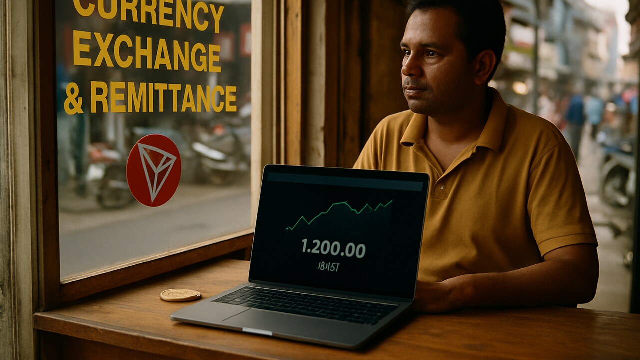 Wisselkantoortje in een drukke straat met een laptop met USDT-saldo en een Tron-logo op het raam