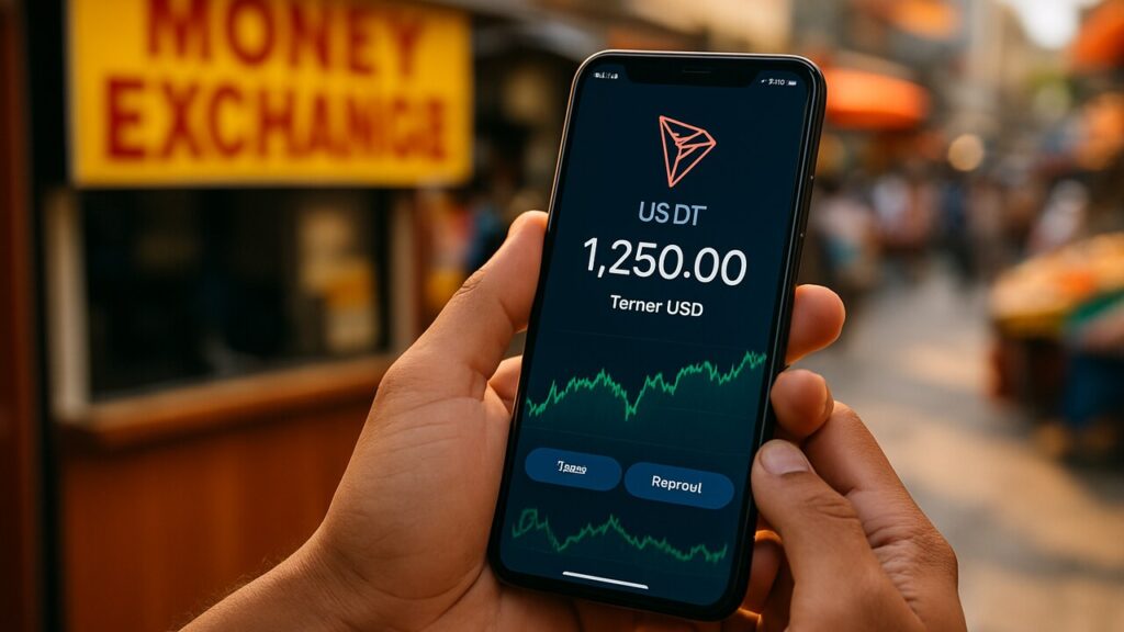 Handen met een smartphone waarop een USDT-saldo en het Tron-logo te zien zijn op een drukke markt