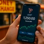 Handen met een smartphone waarop een USDT-saldo en het Tron-logo te zien zijn op een drukke markt