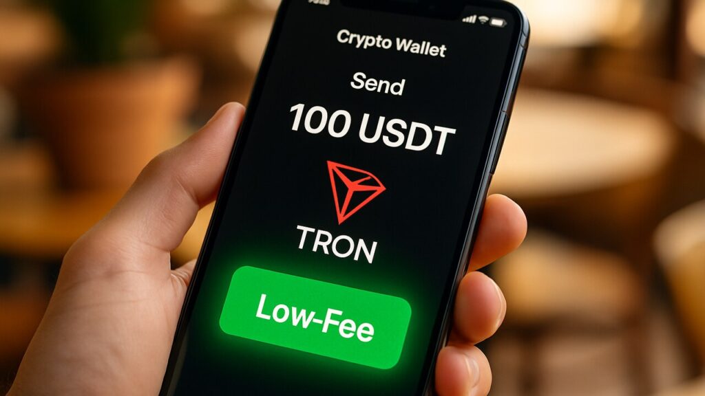 Hand met smartphone die een USDT-transactie op het Tron-netwerk verstuurt met lage kosten