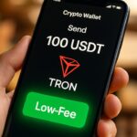 Hand met smartphone die een USDT-transactie op het Tron-netwerk verstuurt met lage kosten