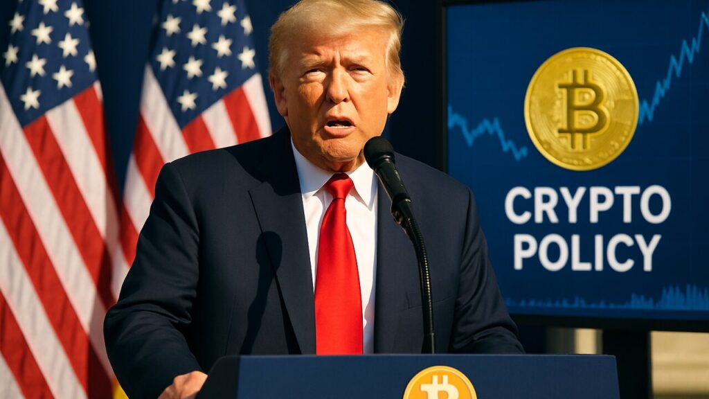 Donald Trump spreekt tijdens een crypto-bijeenkomst met Amerikaanse vlaggen op de achtergrond