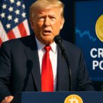 Donald Trump spreekt tijdens een crypto-bijeenkomst met Amerikaanse vlaggen op de achtergrond