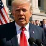 Donald Trump spreekt buiten voor microfoons tijdens een persmoment