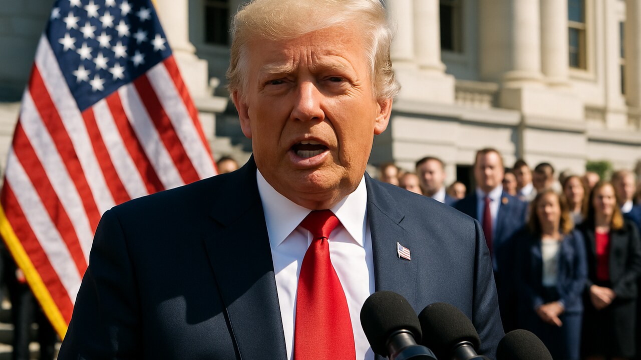 Donald Trump spreekt buiten voor microfoons tijdens een persmoment