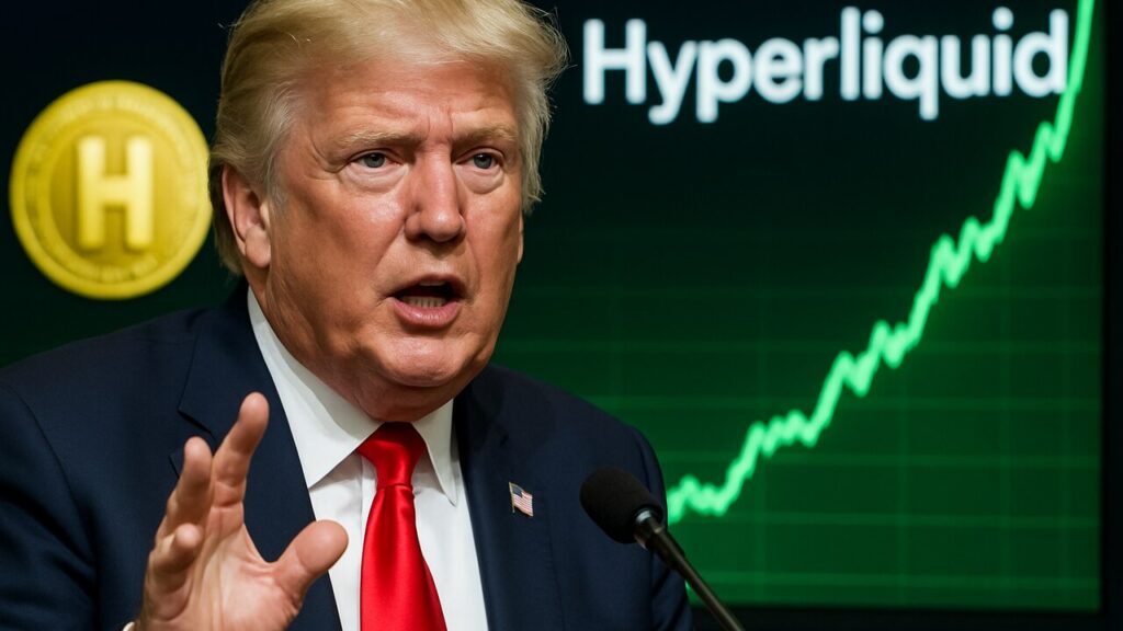 Donald Trump spreekt bij een persmoment met achter hem een scherm met een stijgende Hyperliquid-koersgrafiek