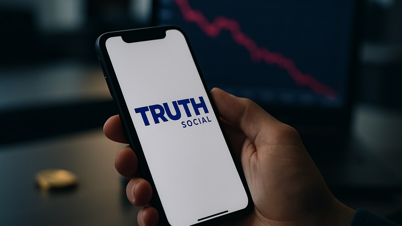 Smartphone met de Truth Social-app en op de achtergrond een rode dalende koersgrafiek op een scherm