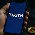 Smartphone met het Truth Social-logo naast een fysieke Bitcoin-munt op een bureau