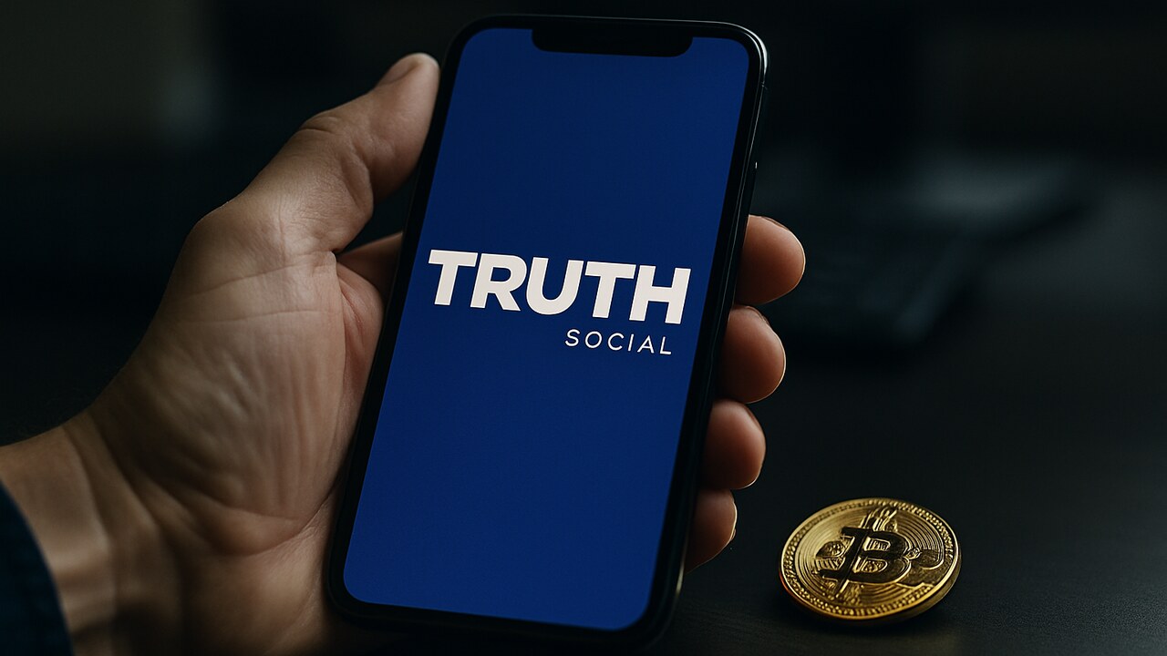 Smartphone met het Truth Social-logo naast een fysieke Bitcoin-munt op een bureau