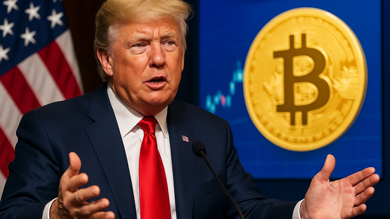 Donald Trump spreekt bij een podium met de Amerikaanse vlag en een Bitcoin-logo op een scherm op de achtergrond