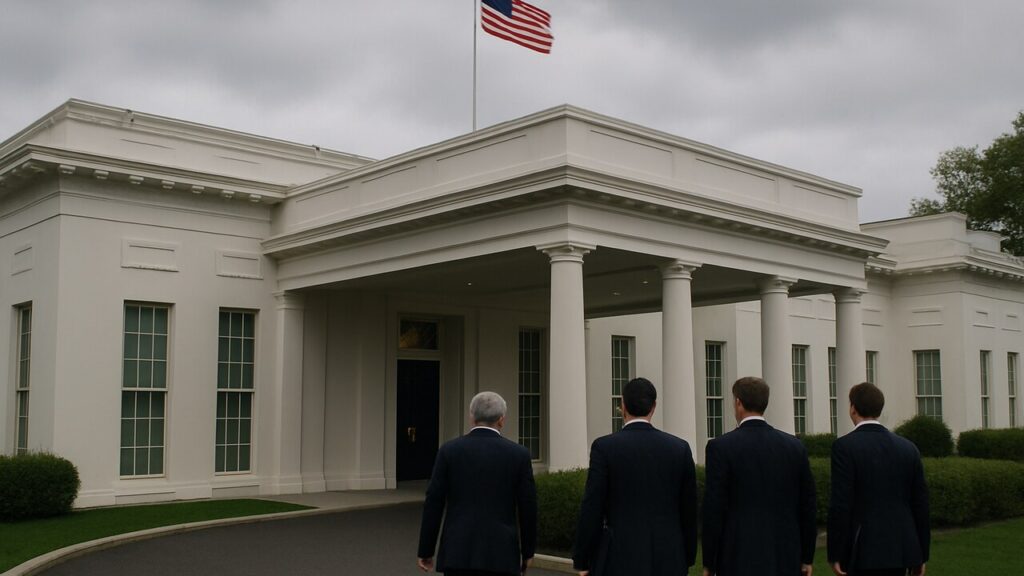 Bestuurders in pak lopen naar de ingang van het Witte Huis in Washington onder een bewolkte hemel.