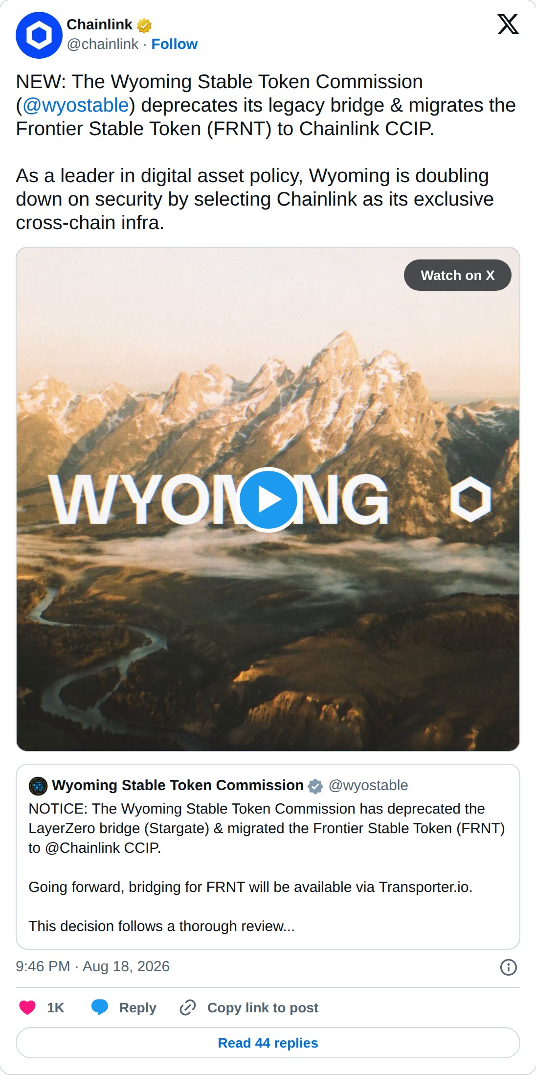 @chainlink op X: Chainlink @chainlink · Follow NEW: The Wyoming Stable Token Commission (@wyostable) deprecates its legacy bridge & migrates the Frontier Stable Token (FRNT) to Chainlink CCIP. As a leader in digital asset policy, Wyoming is doubling down on security by selecting Chainlink as its exc