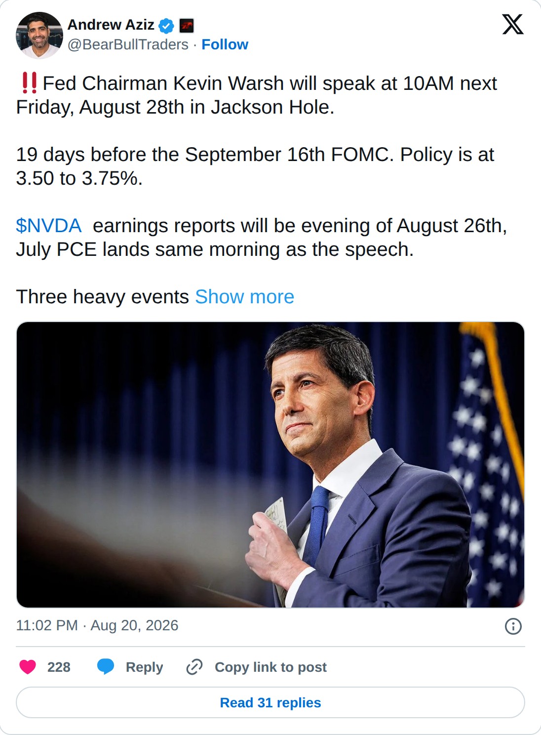 @BearBullTraders op X: Andrew Aziz @BearBullTraders · Follow Fed Chairman Kevin Warsh will speak at 10AM next Friday, August 28th in Jackson Hole. 19 days before the September 16th FOMC. Policy is at 3.50 to 3.75%. $NVDA earnings reports will be evening of August 26th, July PCE lands same morning as