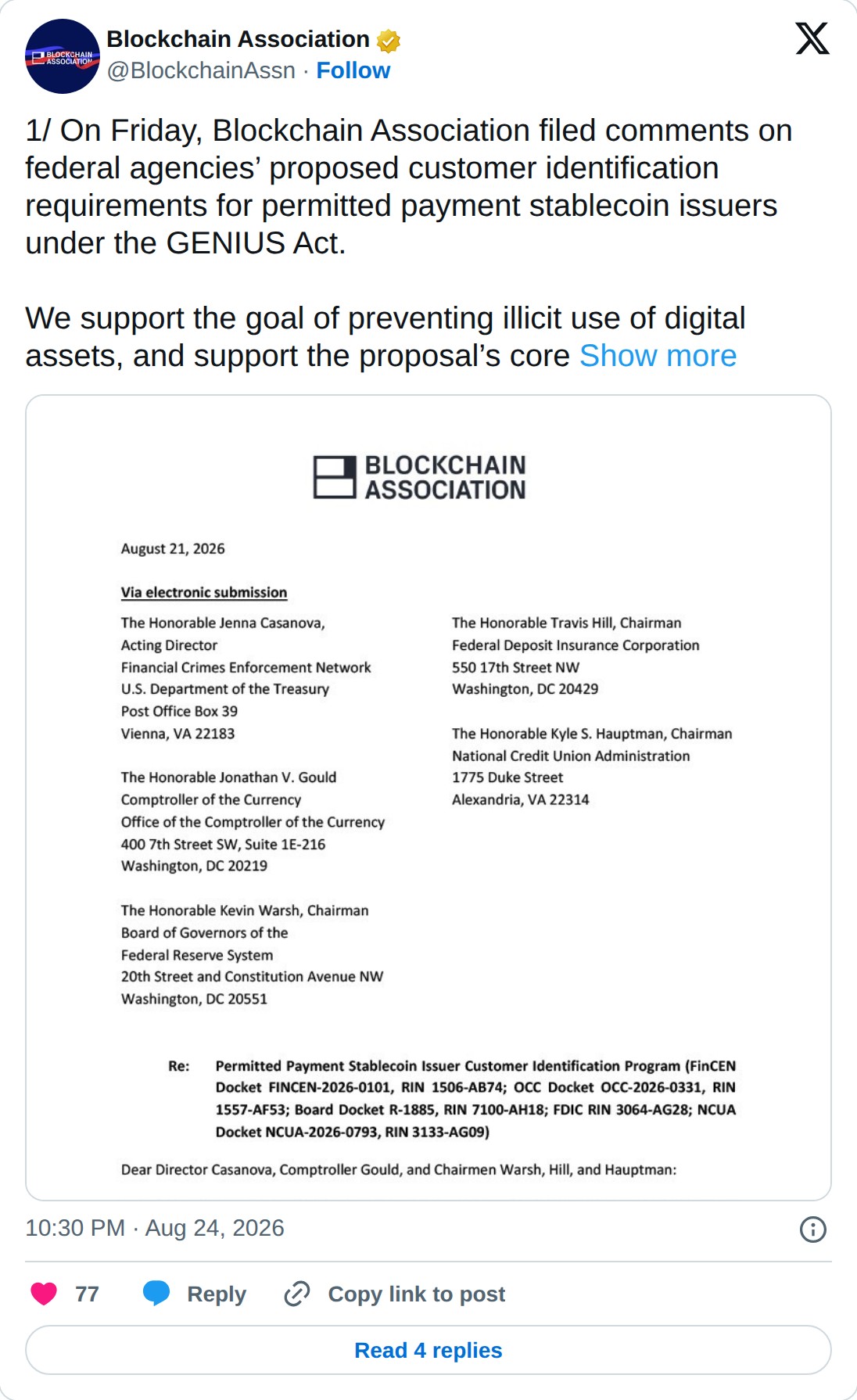 @BlockchainAssn op X: Blockchain Association @BlockchainAssn · Follow 1/ On Friday, Blockchain Association filed comments on federal agencies’ proposed customer identification requirements for permitted payment stablecoin issuers under the GENIUS Act. We support the goal of preventing illicit use of