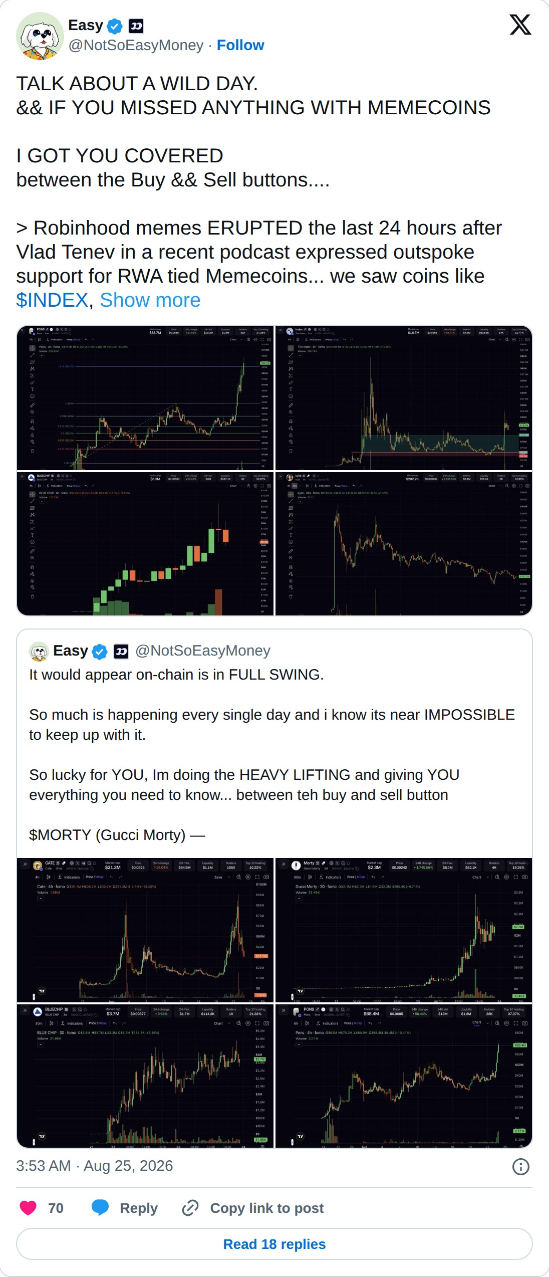 @NotSoEasyMoney op X: Easy @NotSoEasyMoney · Follow TALK ABOUT A WILD DAY. && IF YOU MISSED ANYTHING WITH MEMECOINS I GOT YOU COVERED between the Buy && Sell buttons.... > Robinhood memes ERUPTED the last 24 hours after Vlad Tenev in a recent podcast expressed outspoke support for RWA tied Memecoins