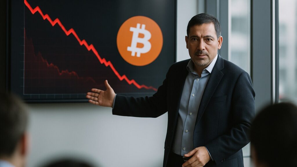 Bestuurder wijst in vergaderzaal naar scherm met dalende koersgrafiek en Bitcoin-logo